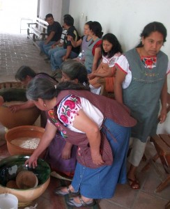 Village women making 'tejate.' Montaño family